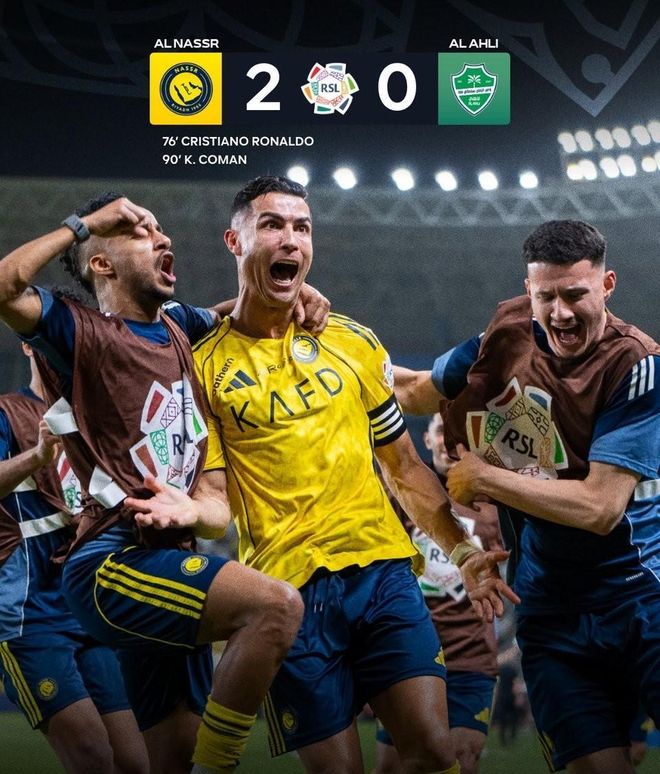 C罗头槌破门独造两球，助球队2-0掀翻亚冠冠军，个人职业生涯总进球数达到970粒，联赛豪取16连胜以8分优势稳居积分榜首位